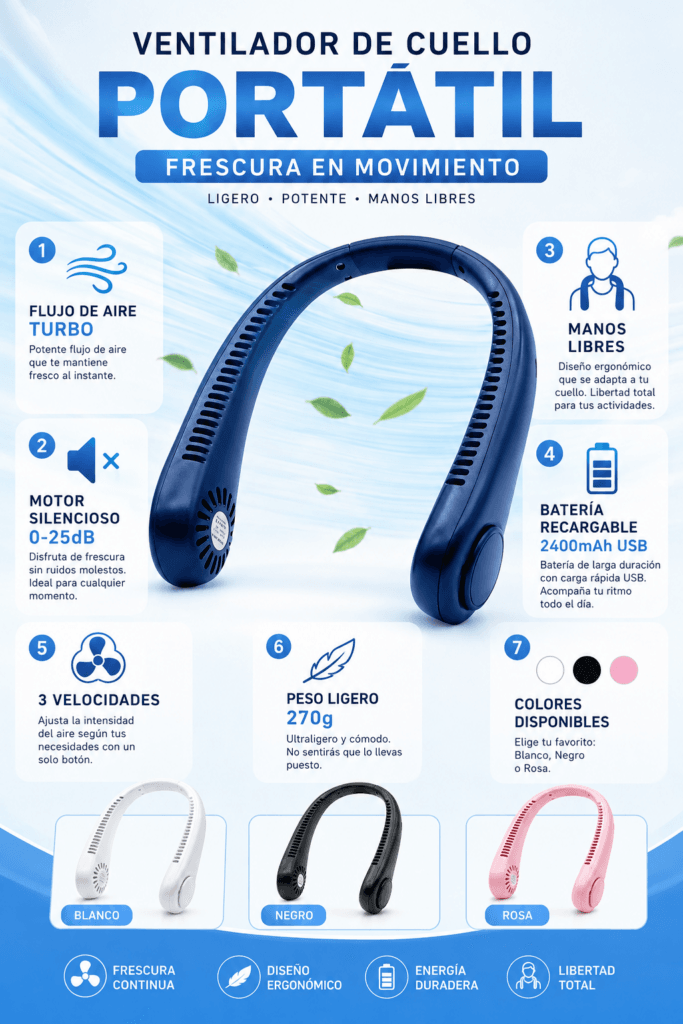 Infografía de beneficios del ventilador de cuello portátil: motor silencioso sin escobillas, sistema Turbo Fan con microaspas, diseño manos libres, batería de 2400 mAh recargable por USB, tres niveles de velocidad, diseño ligero de 270g y disponible en varios colores.