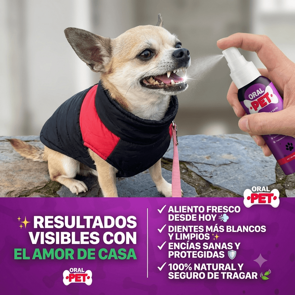 Perrito Chihuahua usando el spray bucal OralPet para combatir el sarro y tener un aliento fresco