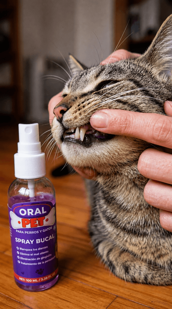 gato recibiendo spray dental para limpiar los dientes sin cepillo