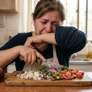 Mujer en cocina tradicional llorando al cortar cebolla a cuchillo sobre tabla de madera para preparar pebre, secándose los ojos con la manga.