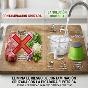 Infografía comparativa que advierte sobre el riesgo de contaminación cruzada al cortar carne cruda y verduras en la misma tabla de madera, mostrando la picadora eléctrica desmontada con sus partes lavables bajo el agua para preparar pebre de forma higiénica.