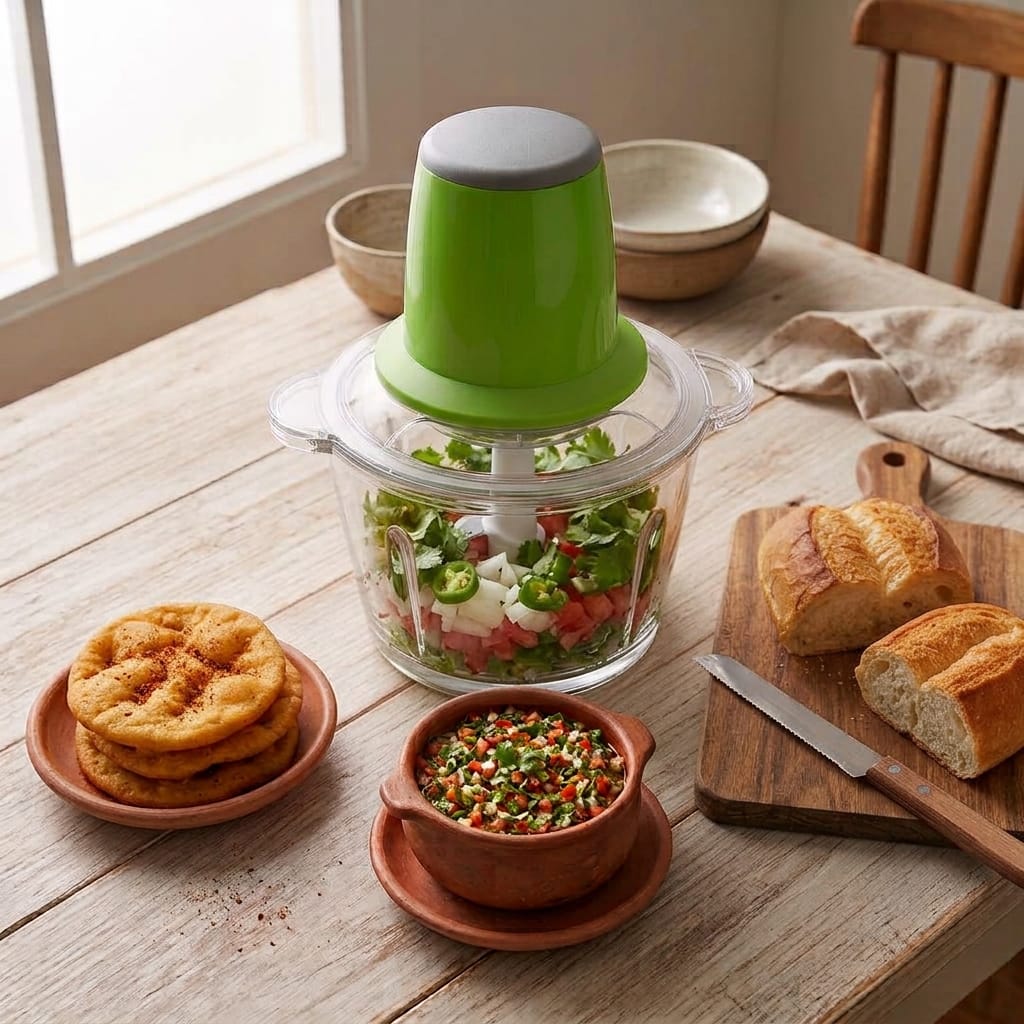 Picadora eléctrica de verduras verde sobre mesa de madera rústica, llena de ingredientes crudos para una receta de pebre chileno, junto a sopaipillas y pan batido.