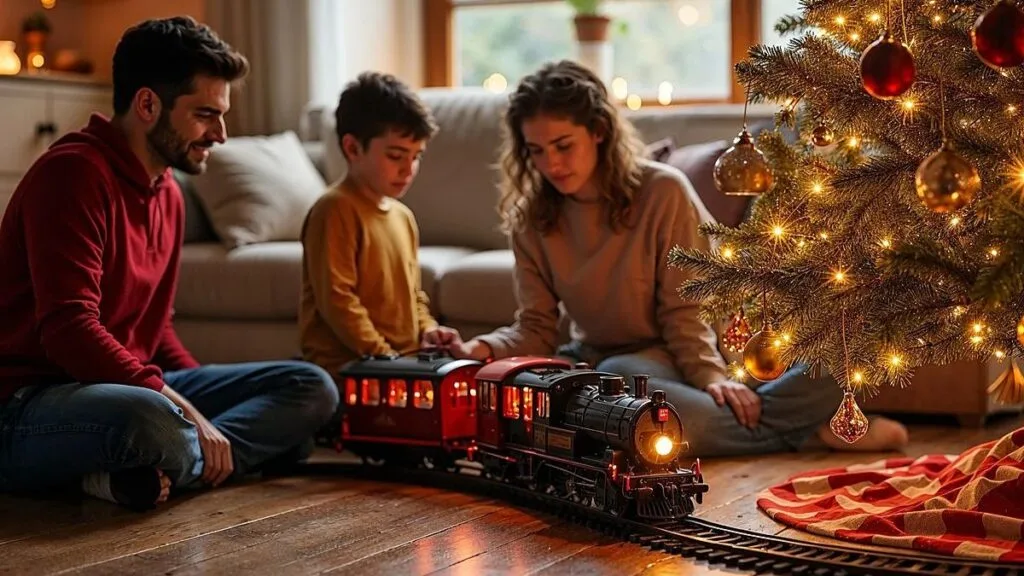 Guía sobre cómo elegir un tren de navidad para el árbol con la familia junto a la decoración navideña.
