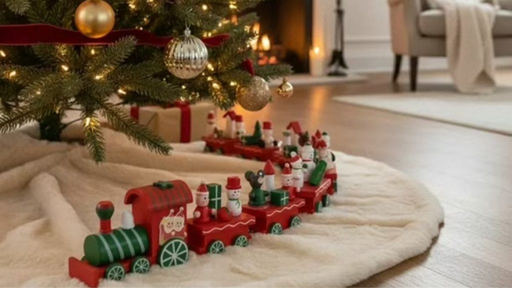 Tren navideño de madera artesanal estilo nórdico para decoración de árbol