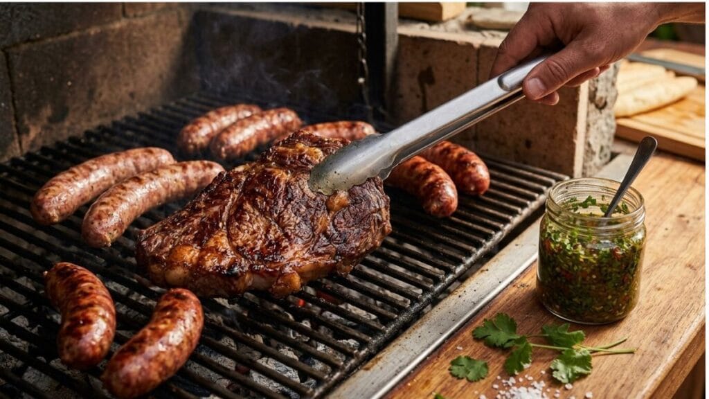 Chimichurri casero en frasco de vidrio junto a un trozo de carne y longanizas en la parrilla del quincho