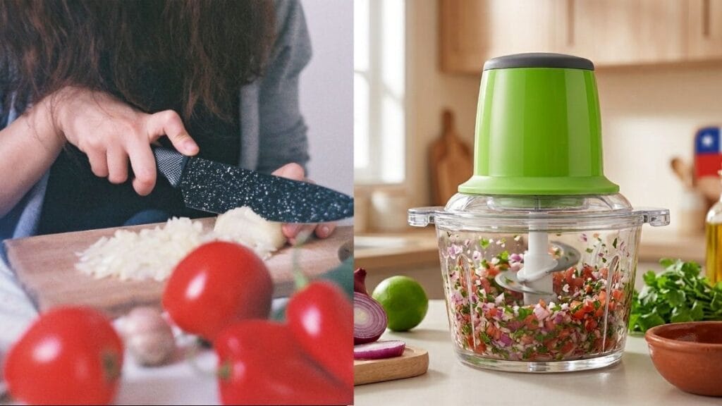 Comparativa antes y despues de picar cebolla a mano versus picadora de verduras electrica