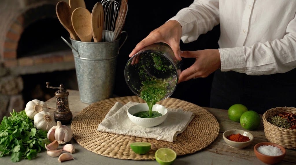 Salsa chimichurri casera vertiéndose desde un vaso picador eléctrico hacia un plato en una mesa rústica