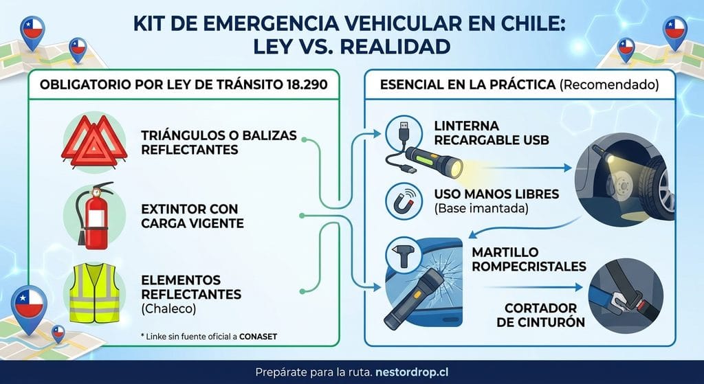 Infografía de seguridad vial en Chile comparando elementos obligatorios por ley como extintor y triángulos, frente a equipo de iluminación esencial como linterna recargable, martillo y cortador de cinturón de nestordrop.cl