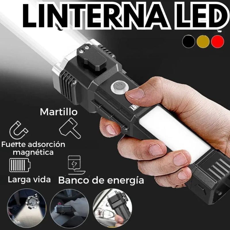 Mano sosteniendo una linterna LED recargable de emergencia para vehículo con imán, martillo rompecristales y función de banco de energía.