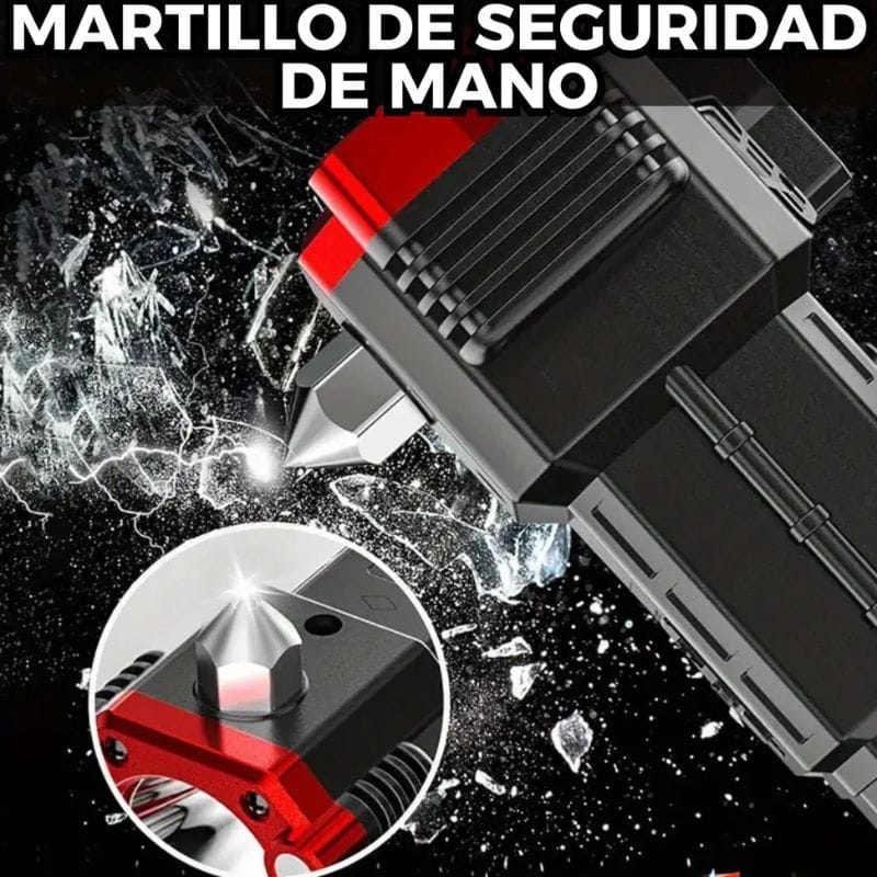 Primer plano de un martillo de seguridad multifuncional negro y rojo para automóviles, diseñado para romper cristales de ventanas en situaciones de emergencia. La herramienta tiene una punta afilada y un mango ergonómico. En el fondo, se ve un efecto de vidrio roto. Se incluye un recuadro que muestra un primer plano de la punta del martillo.