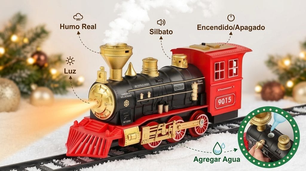 Infografía en español del tren de navidad para árbol mostrando funciones de humo real, luz LED, silbato y recarga de agua