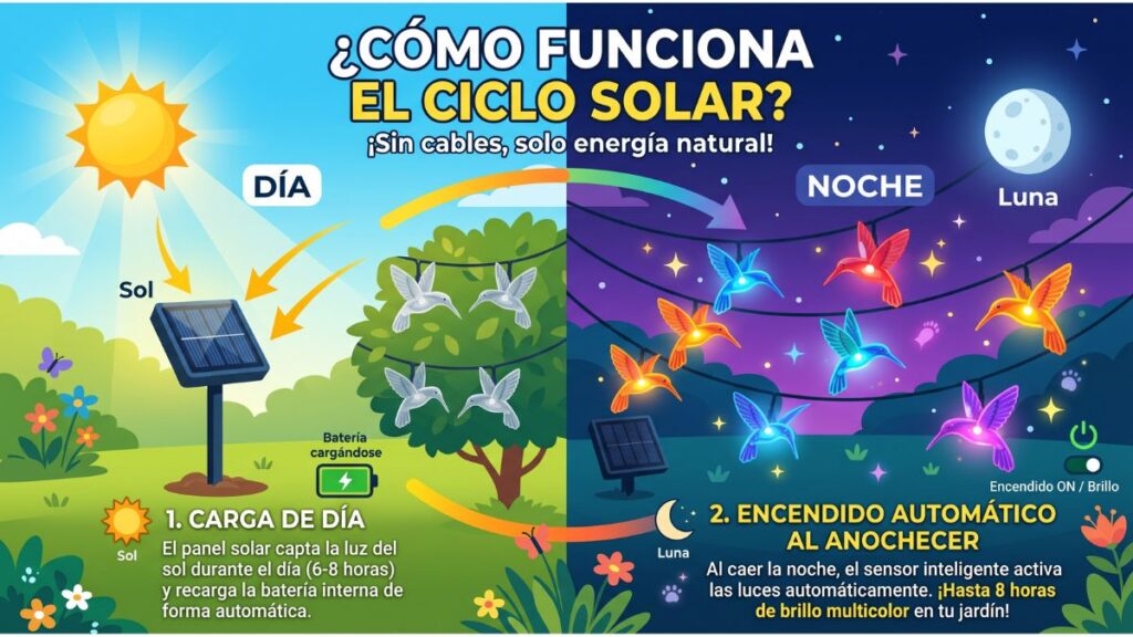 infografia decoracion navidena jardin explicativa sobre ciclo solar y encendido automatico de guirnalda colibri
