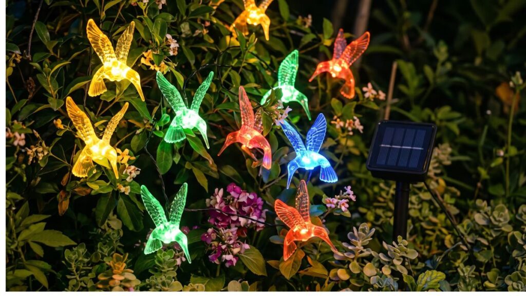 decoracion navidena jardin con guirnalda solar colibri encendida de noche en el patio