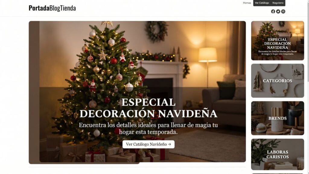 Banner navideño con árbol decorado, luces cálidas y regalos para hogar.