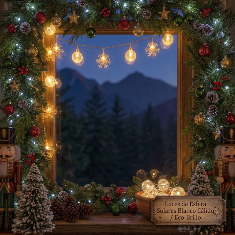 Guirnalda solar navideña con luces cálidas en forma de esferas y copos de nieve decorando una ventana exterior de noche