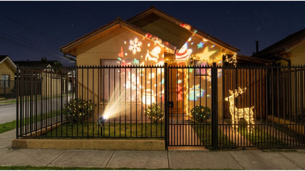 Luces de navidad para exterior proyectadas en fachada con reja, reno luminoso y guirnaldas en antejardín en Chile