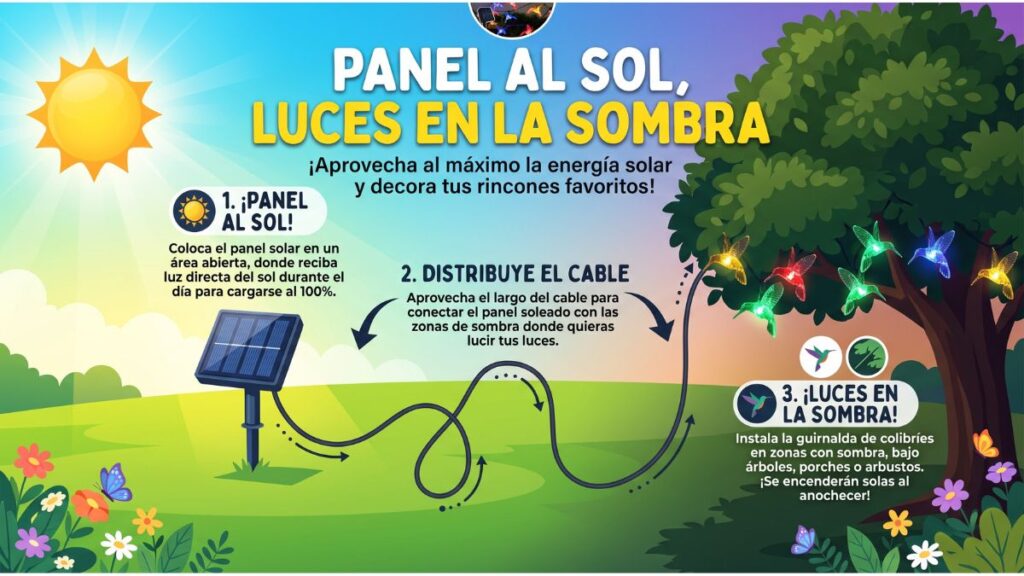 infografia explicativa sobre como instalar el panel solar al sol y llevar las luces colibri a la sombra en el patio