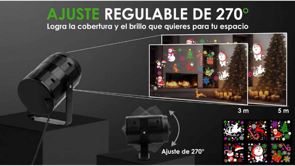 Proyector LED navideño exterior con ajuste regulable de 270 grados y alcance de proyección de 3 a 5 metros