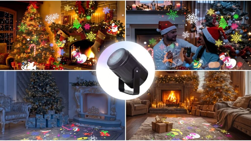 Fotomontaje del proyector LED navideño mostrando su uso en cuatro ambientes interiores diferentes con proyecciones festivas